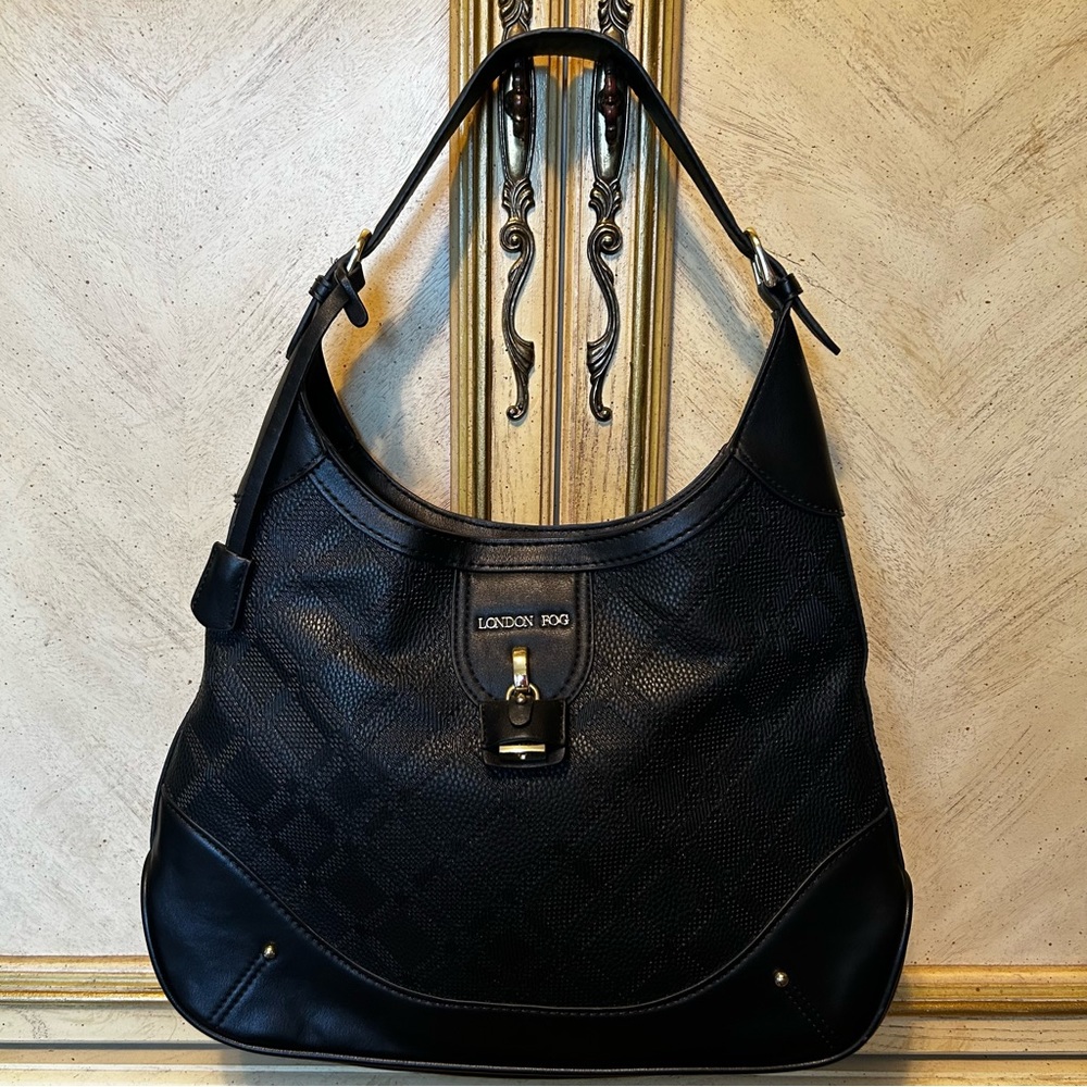 London Fog Black Gold Front Lock Embossed Faux Leather Hobo Purse Bag NEW NWOT
